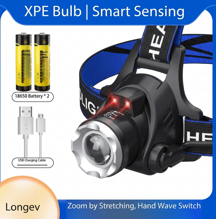 Krachtige LED hoofdlamp met zoom, ideaal voor wandelen en kamperen. Heldere outdoor verlichting.