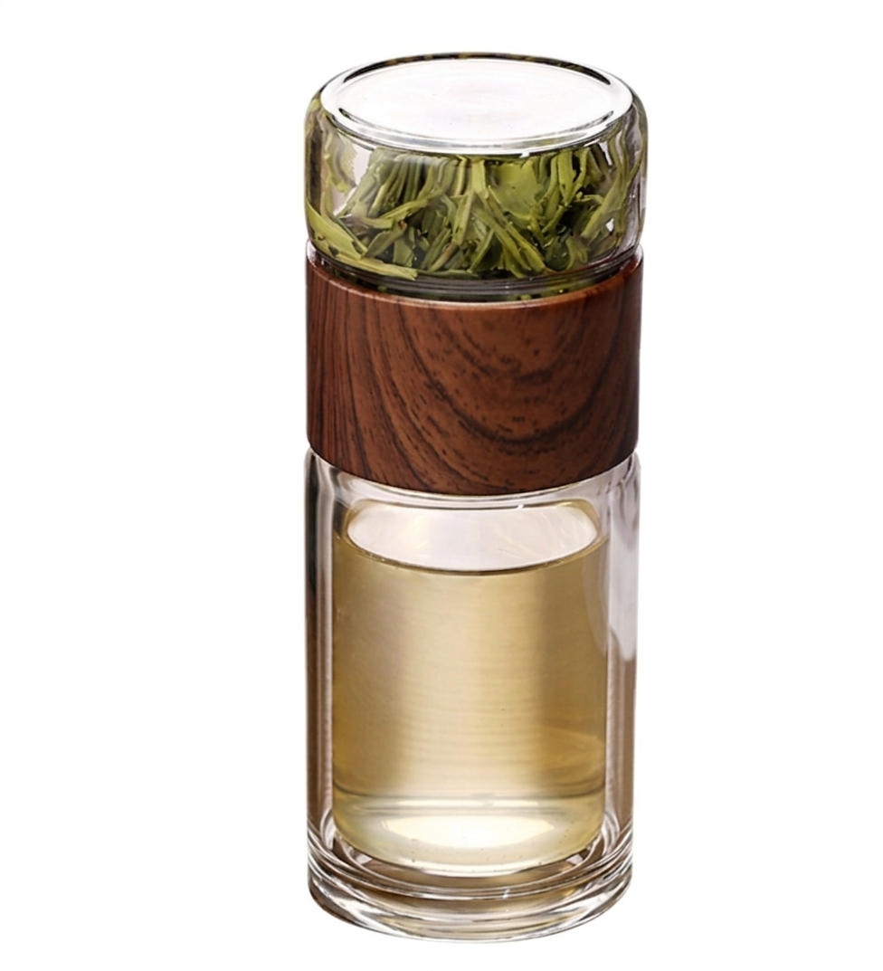 Doorzichtige warmhoudfles met theefilter van glas en hout, perfect voor thee en gezonde infusies. BPA-vrij en duurzaam.
