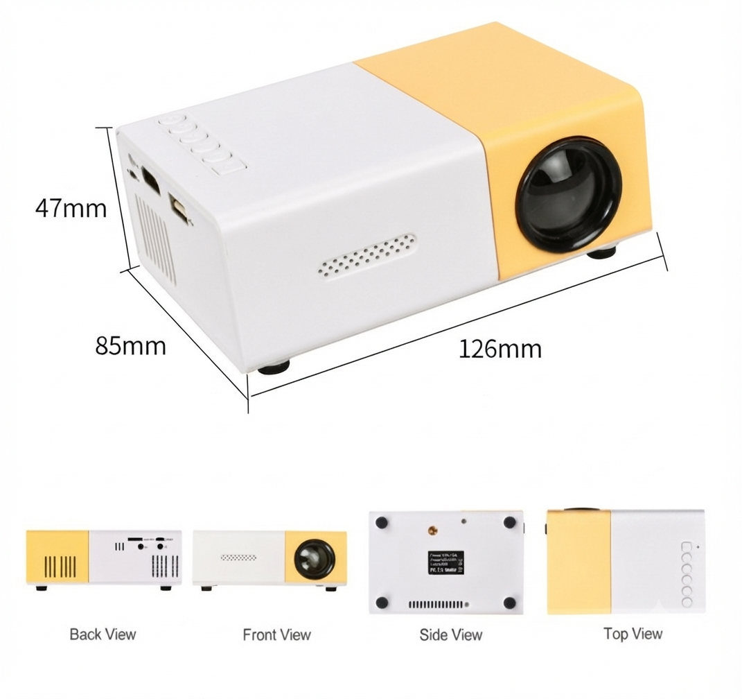 Ultra-heldere LumoBeam mini beamer toont Full HD film in sfeervolle thuisbioscoop opstelling.
