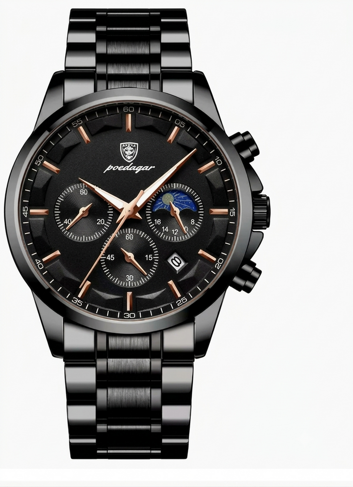 Zwart stalen herenhorloge, militair design, waterdicht, met nauwkeurig kwartsuurwerk, toont tijd en datum.