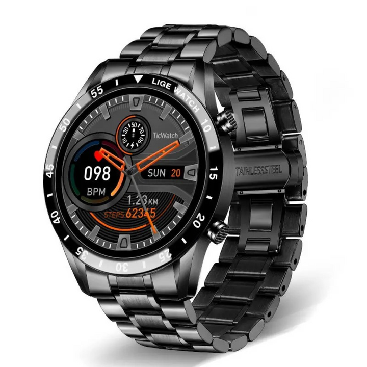 Detail van de sensoren aan de achterkant van de luxe smartwatch voor nauwkeurige hartslagmeting.