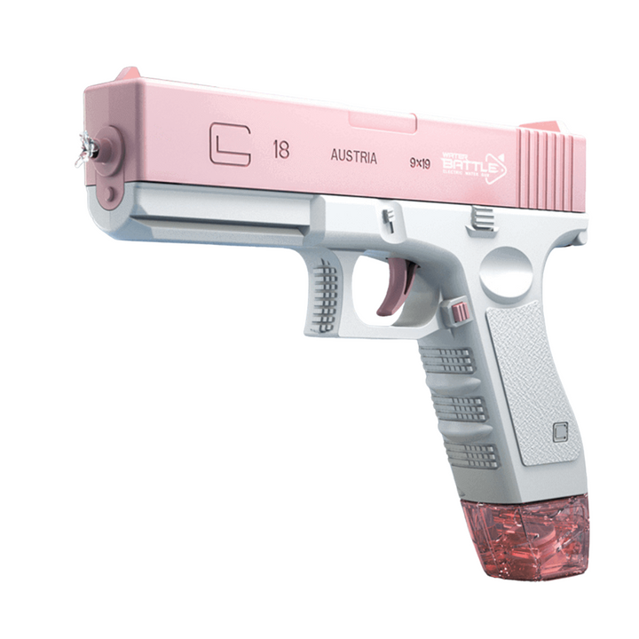 Oplaadbaar automatisch waterpistool in blauw en roze, ideaal buitenspeelgoed voor zomerse watergevechten.