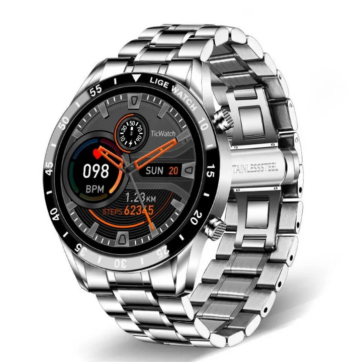 Zijaanzicht van de slanke zwarte en zilveren smartwatch, toont knoppen en hoogwaardige afwerking.