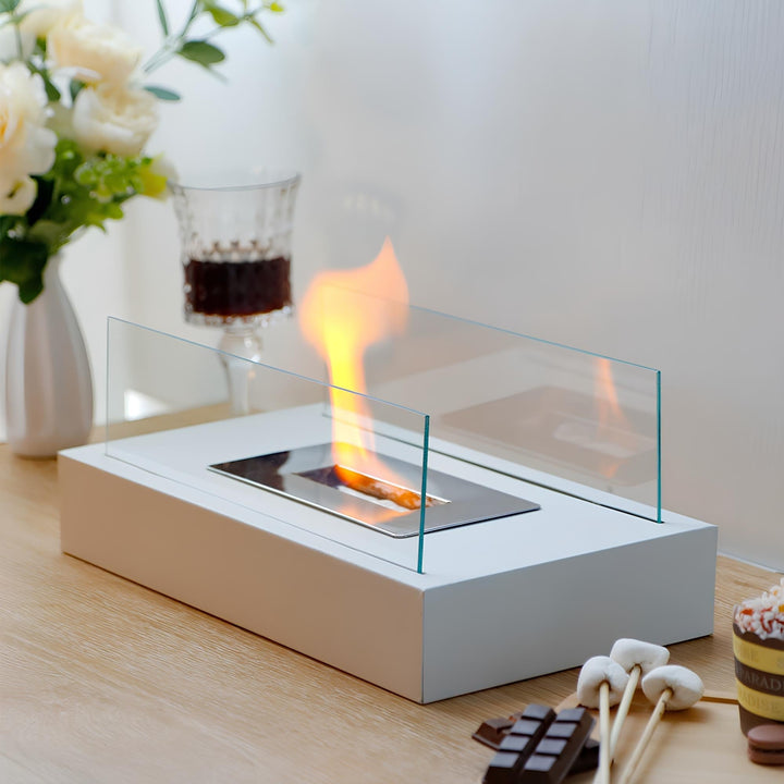 Compacte ethanol sfeerhaard WC2026 met rookvrije vlam. Modern decoratief vuur voor binnen & buiten gebruik.