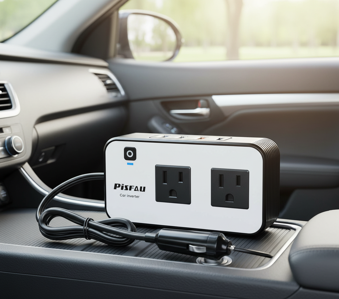 Compacte Universele Auto-omvormer 200W met USB-C & USB-A poorten voor onderweg opladen van elektronica.