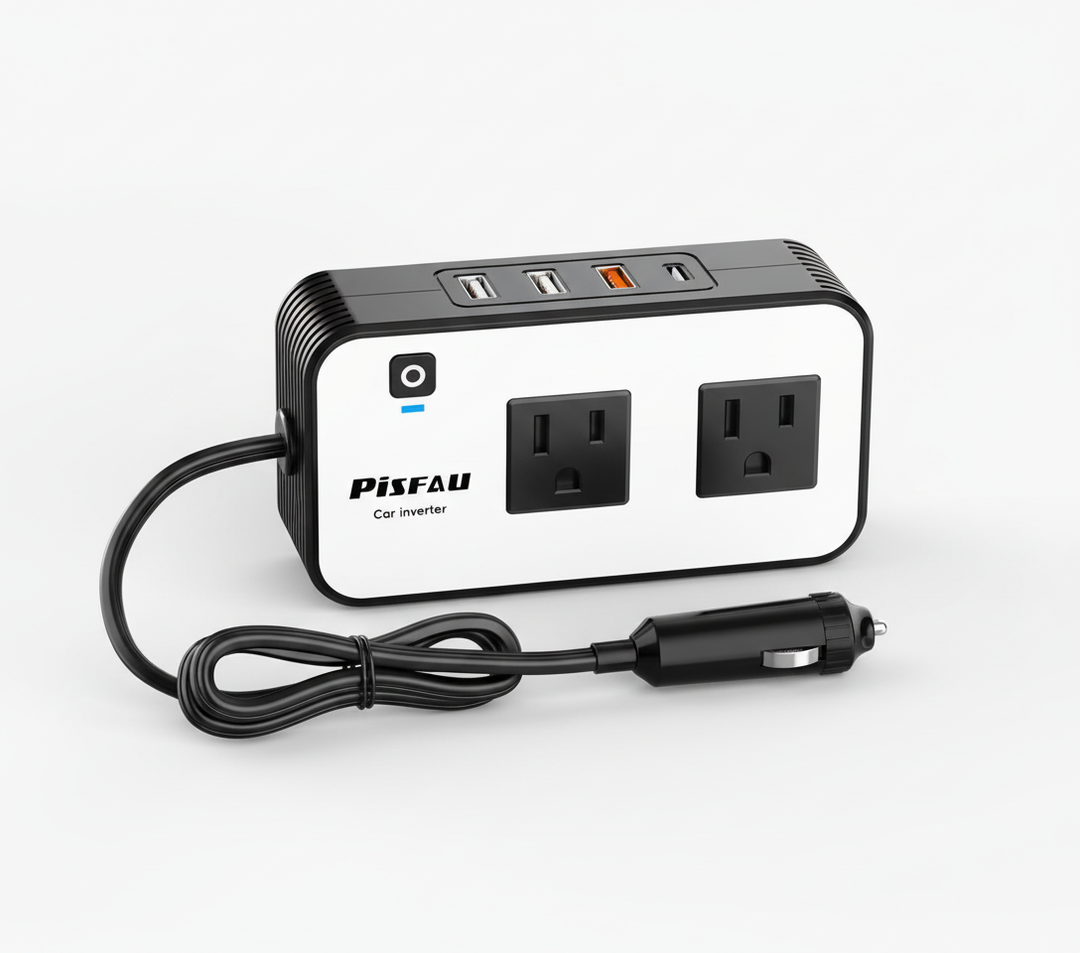 Auto-omvormer 200W in auto-interieur, ideaal voor opladen laptop, tablet en telefoon via USB-C/A tijdens reizen.