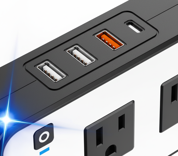 Close-up van 200W PowerDrive auto-omvormer met 230V stopcontact, USB-C en USB-A poorten voor veelzijdig opladen.
