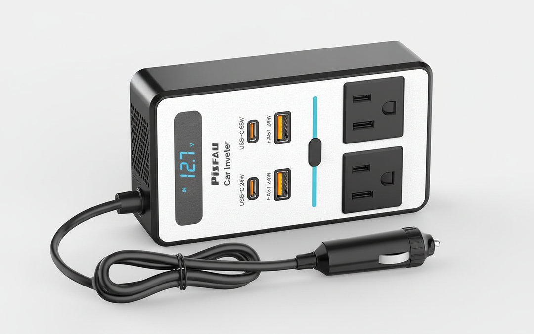 Universele 200W auto-omvormer laadt meerdere gadgets tegelijk op met USB-C, USB-A en AC stopcontact, perfect voor reizen.
