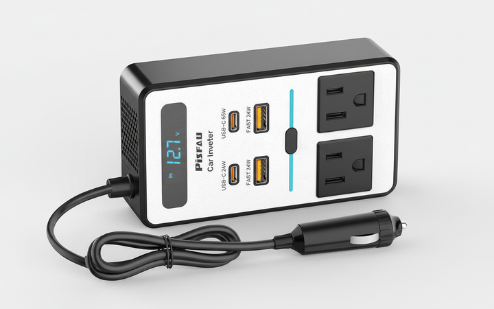 Universele 200W auto-omvormer laadt meerdere gadgets tegelijk op met USB-C, USB-A en AC stopcontact, perfect voor reizen.
