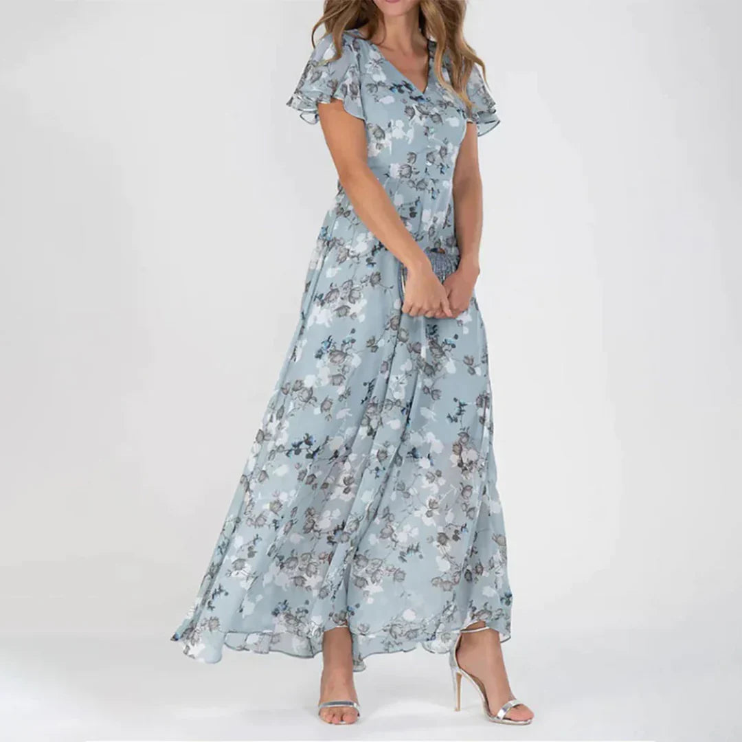 Luchtige chiffon A-lijn maxi-jurk voor dames, met vintage bloemenprint en V-hals, ideaal als feestjurk.
