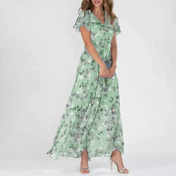 Dames A-lijn maxi-jurk van chiffon met opvallende vintage bloemenprint en flatterende V-hals.