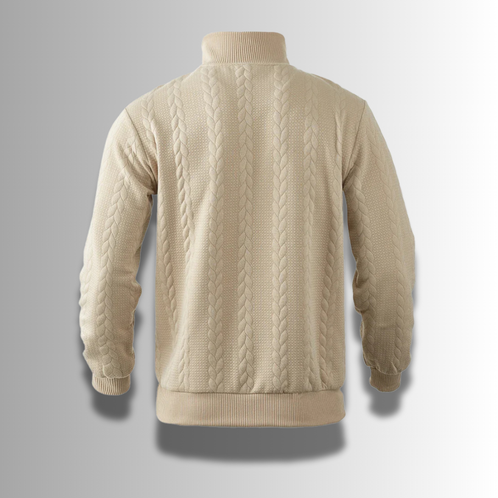 Ademende heren merinowol trui met ritskraag, ultiem comfort en een moderne pasvorm.