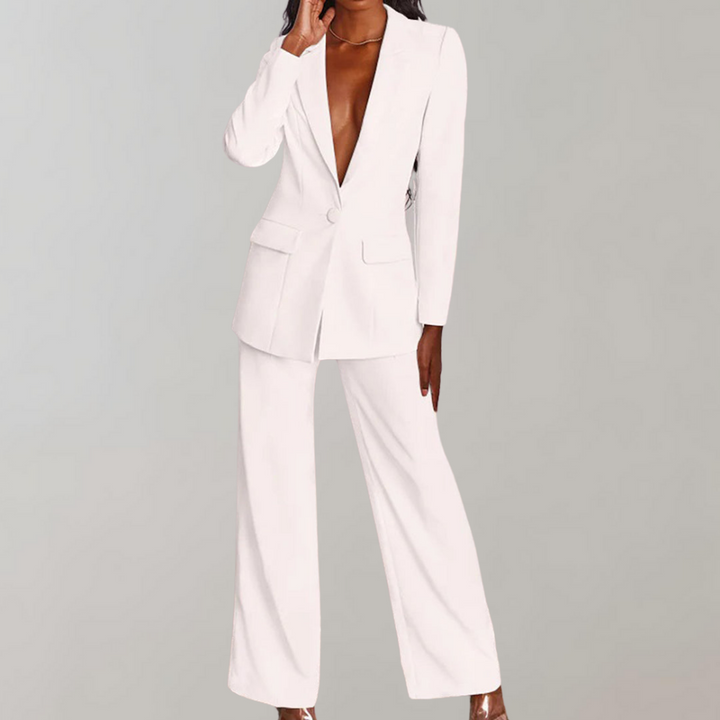 Zakelijke dames blazer en broek set. Elegant en professioneel, perfect voor kantoor.