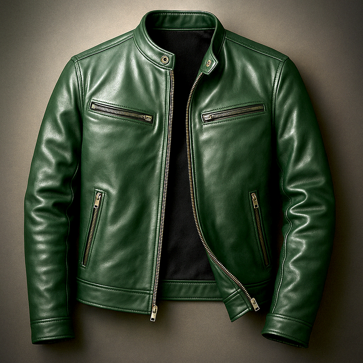 Modieuze groene heren bikerjas met een stoere uitstraling en comfortabele slim fit. Geschikt voor casual mode.