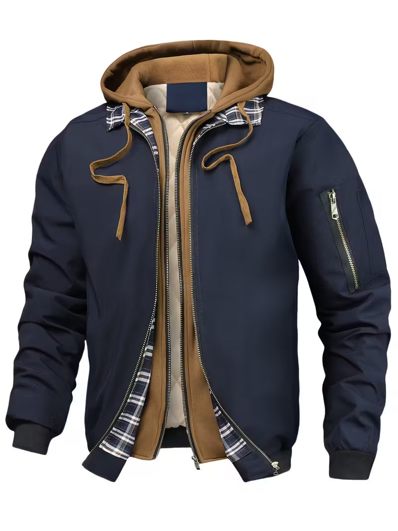 Zijaanzicht comfortabele herenjas met ruitpatroon en capuchon, warme gewatteerde parka voor koud weer.