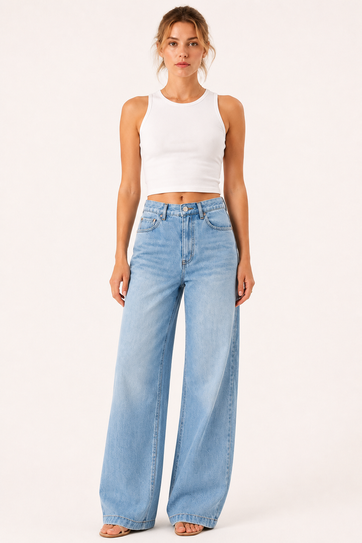 Dames baggy jeans met hoge taille en wijde pijpen, perfect voor een comfortabele casual stijl. Ideaal voor lente/zomer.