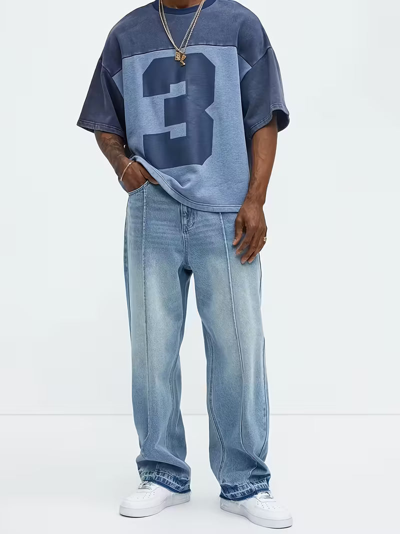 Blauwe loose straight-leg herenjeans met hoge taille. Modieuze spijkerbroek die ultiem comfort biedt voor mannen.
