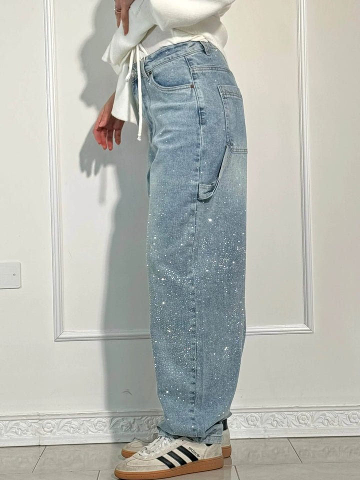 Dames denim jeans met wijde pijpen en sprankelende rhinestone details, ideaal voor een avondje uit.