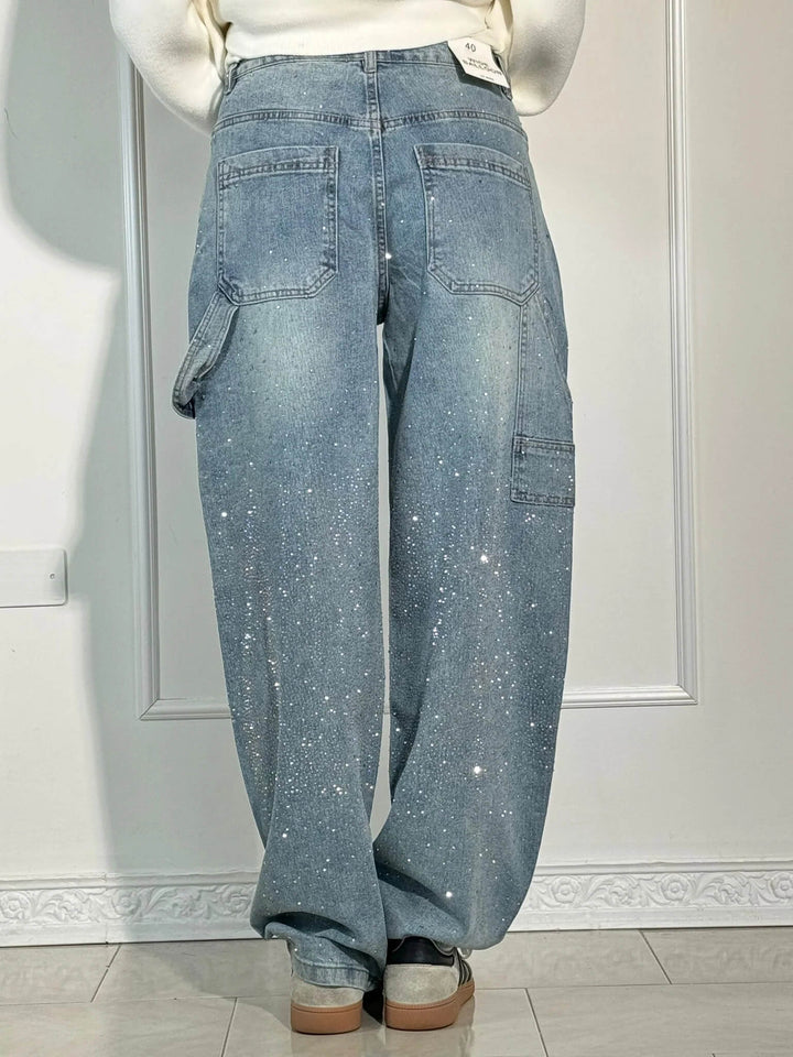 Glinsterende dames wide leg jeans van Hoymans, met decoratieve rhinestones en trendy pasvorm.