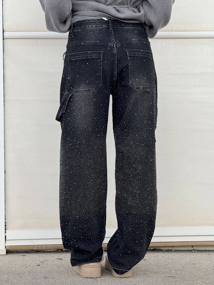 Elegante dames wide leg jeans met fijne rhinestone versiering voor een luxe, modieuze uitstraling.