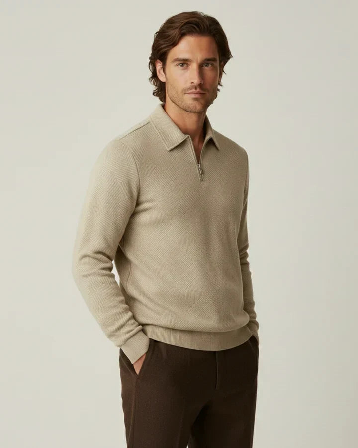 Heren pullover met polokraag en halve ritssluiting, ideaal voor herfst en winter.