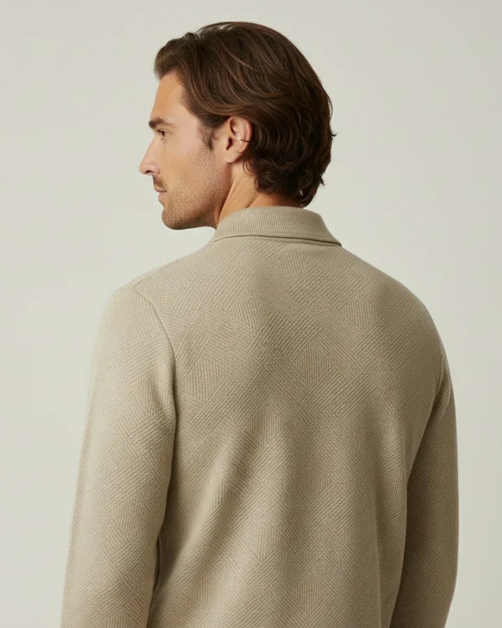 Comfortabele heren pullover met polokraag en ritssluiting; zachte stof, veelzijdig.