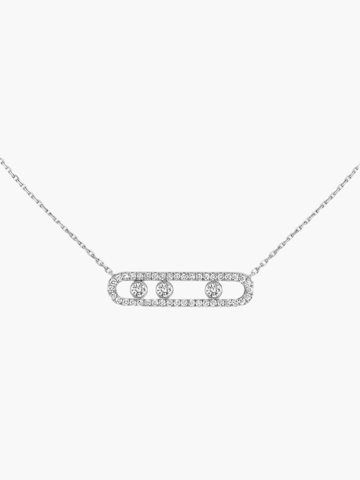 Dameshalsketting Aurora met bewegelijke diamanten in goud, zilver en rosé, een veelzijdig sieraad.