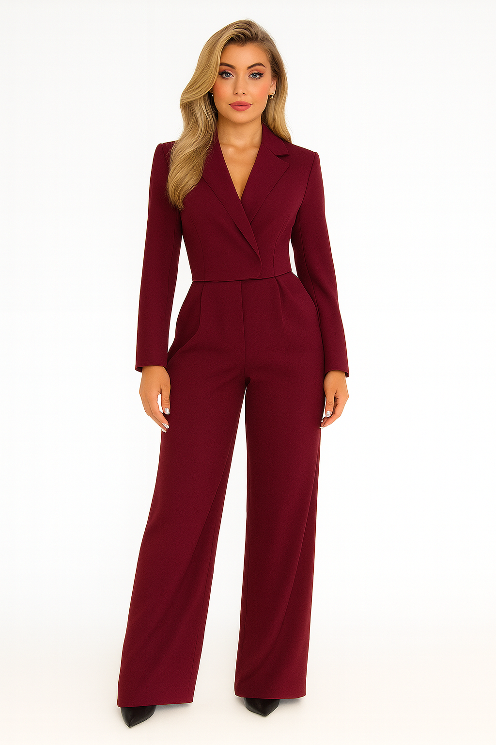 Elegante dames palazzo jumpsuit met lange mouwen, ideaal als zakelijke kantooroutfit of avondkleding.