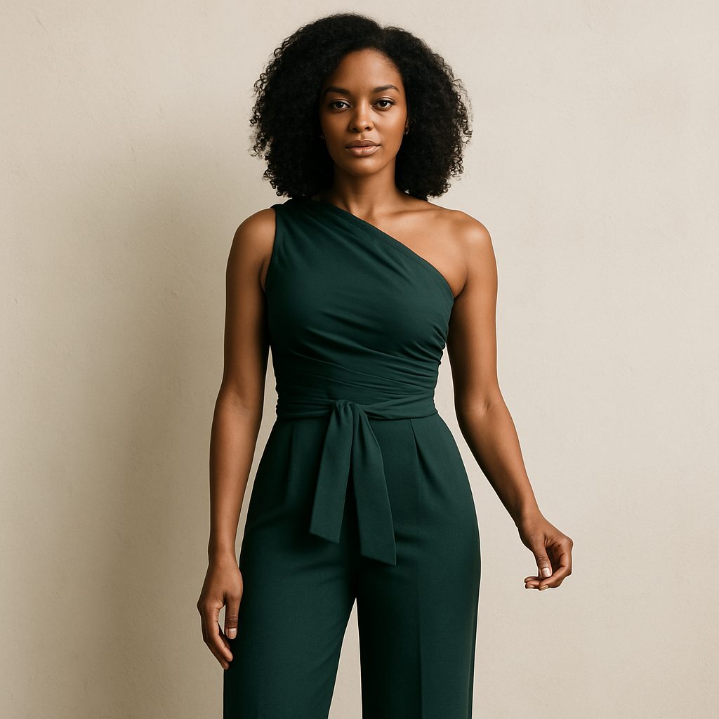 Elegante dames one shoulder jumpsuit Phoebe. Wijde pijpen, strikceintuur, perfect voor chique gelegenheden.