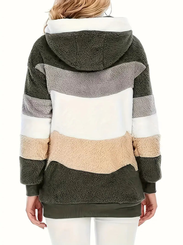 Donkerblauwe casual dames winterjas Layla, mid-lengte, met warme capuchon.