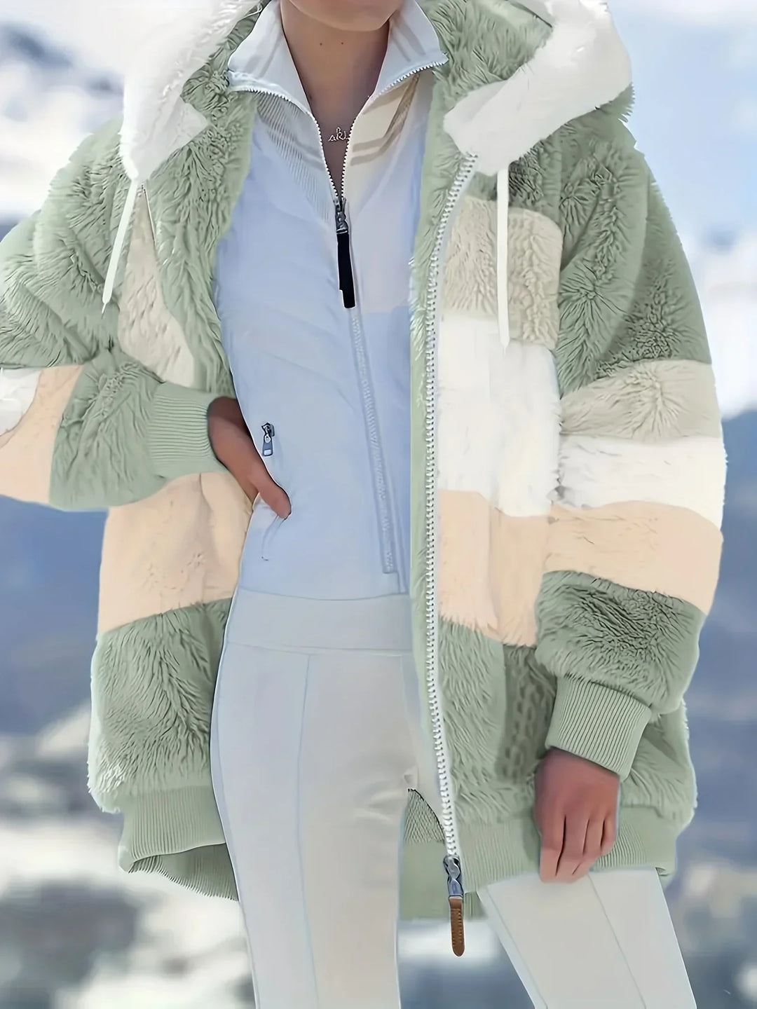 Beige Layla damesmode winterjas, mid-lengte met capuchon, comfortabel voor de herfst/winter.