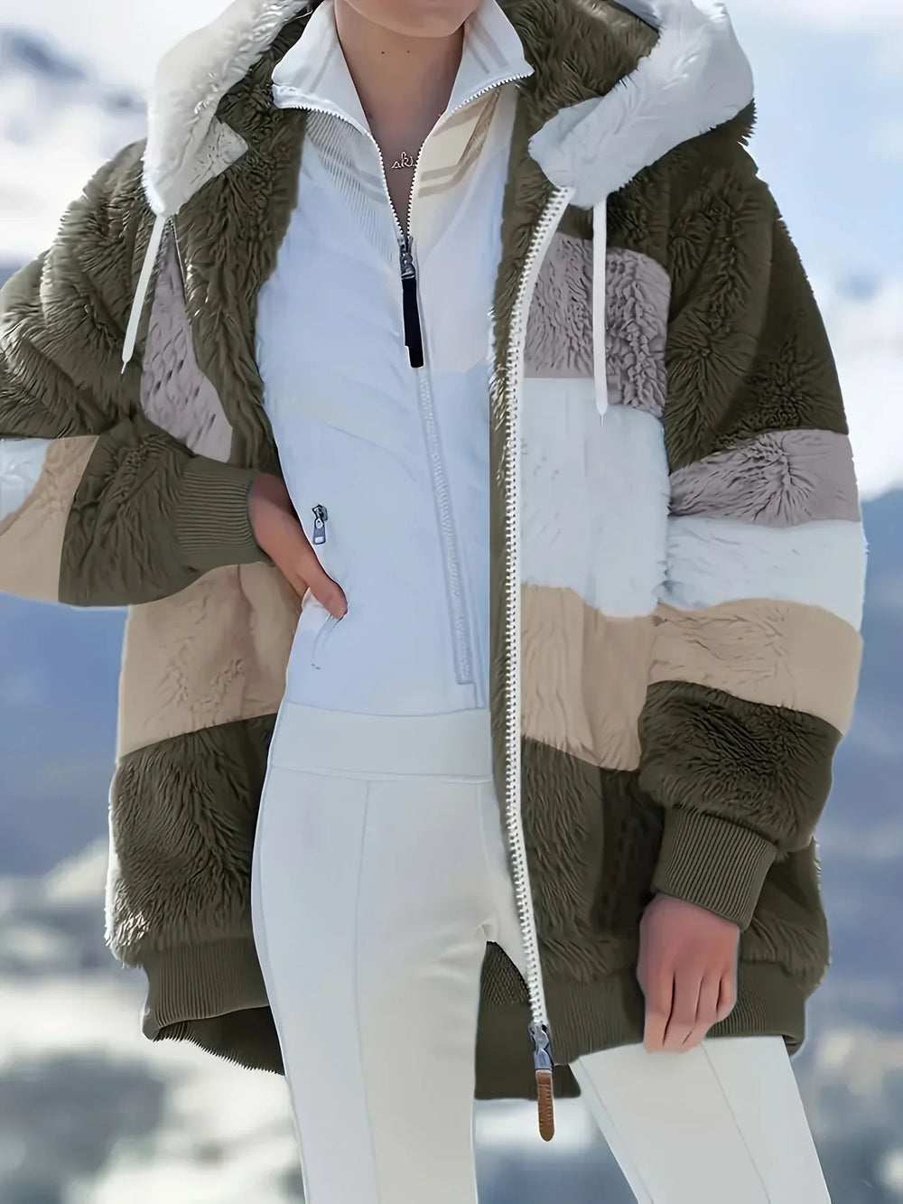 Donkerblauwe comfortabele mid-lengte damesjas Layla met capuchon, ideaal voor winter.
