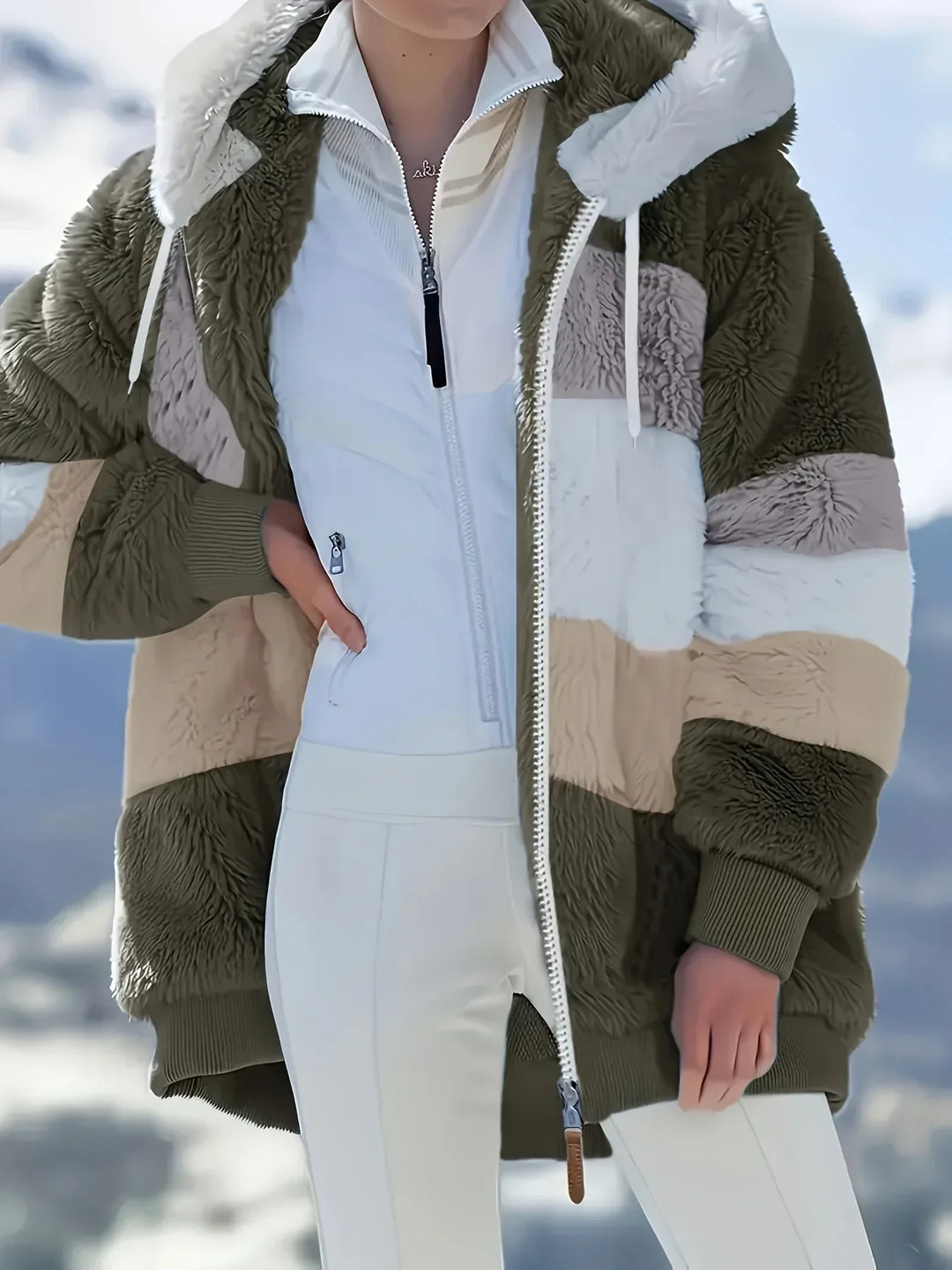 Donkerblauwe comfortabele mid-lengte damesjas Layla met capuchon, ideaal voor winter.