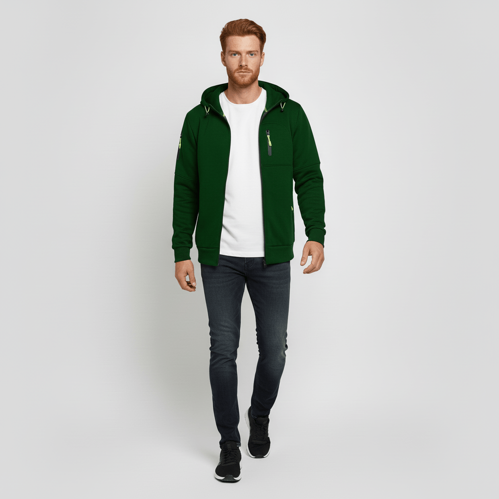 Stijlvolle heren jas Oscar met capuchon, stevige ritssluiting en comfort.