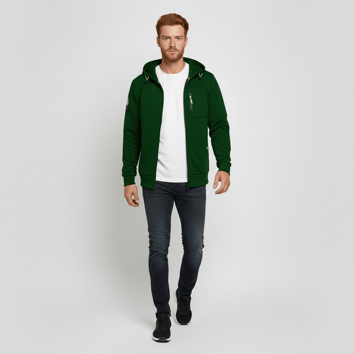 Stijlvolle heren jas Oscar met capuchon, stevige ritssluiting en comfort.