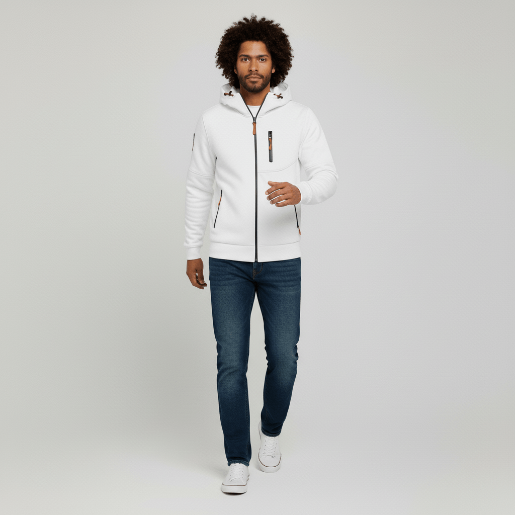 Praktisch heren jack met capuchon, volledige ritssluiting en modern design.