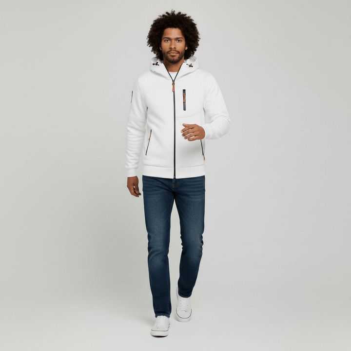 Praktisch heren jack met capuchon, volledige ritssluiting en modern design.