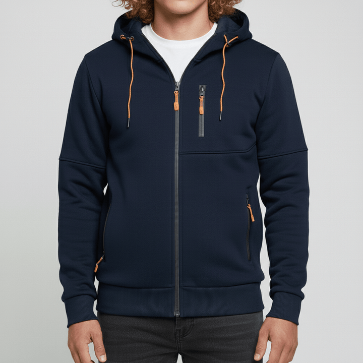 Heren sportief vest met capuchon, rits en comfortabele stof.