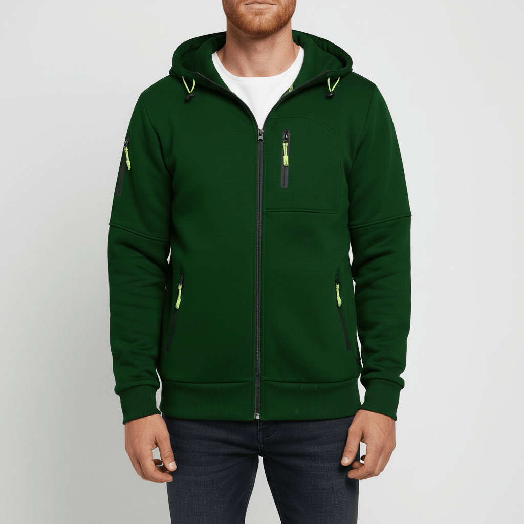 Comfortabele pasvorm heren vest met capuchon, volledige ritssluiting.