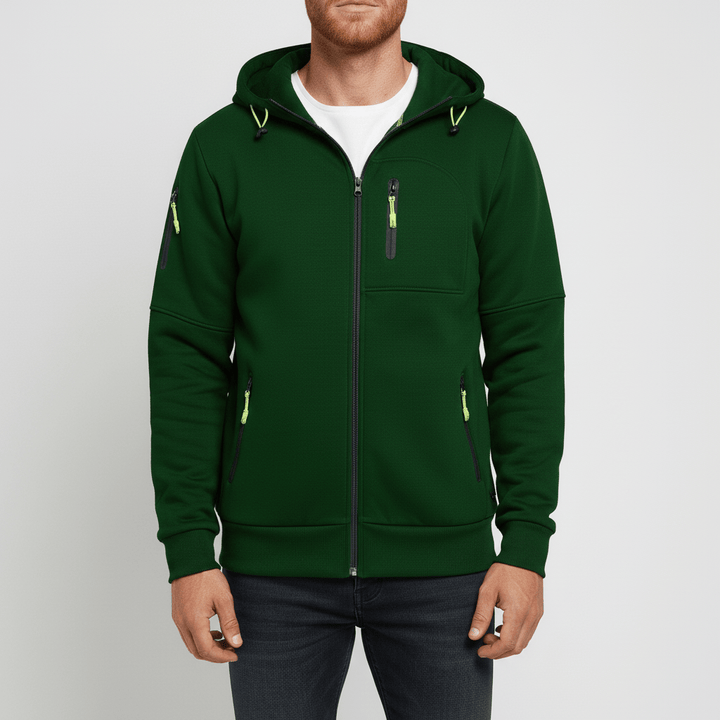 Comfortabele pasvorm heren vest met capuchon, volledige ritssluiting.
