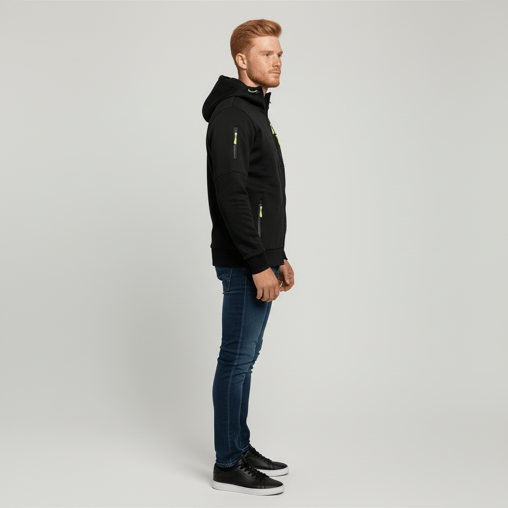 Sportief heren vest met capuchon, volledige rits en lange mouwen.