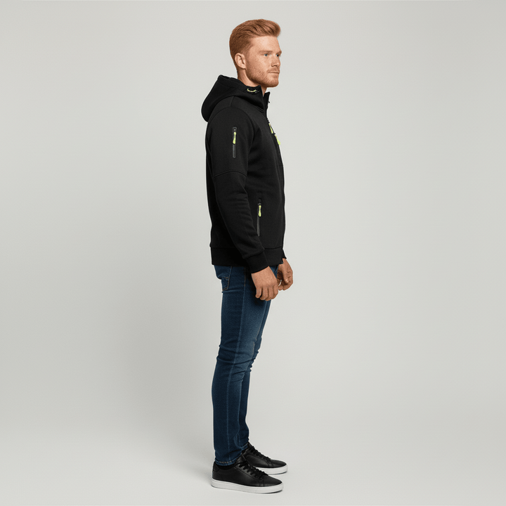 Sportief heren vest met capuchon, volledige rits en lange mouwen.