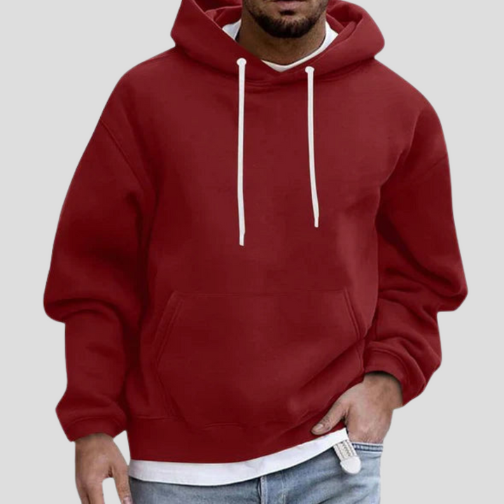 Owen heren pullover hoodie, voorkant met ruime losse pasvorm en verstelbare capuchon, casual look.