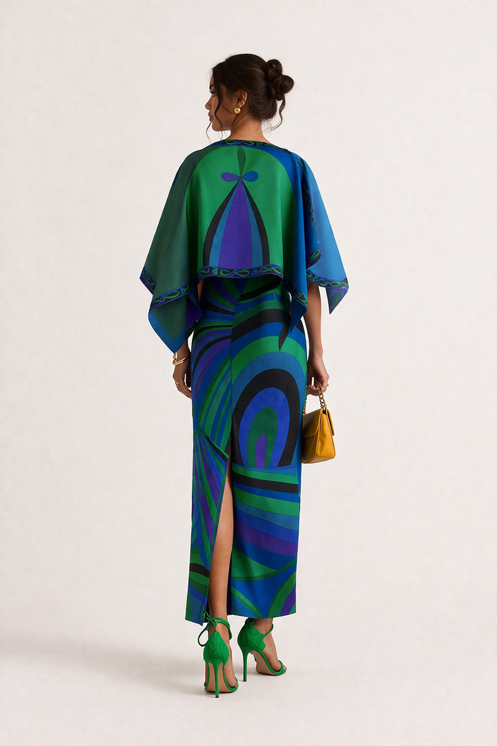 Modieuze groene lange damesjurk met geometrische print en tweedelig design, veelzijdig en elegant.