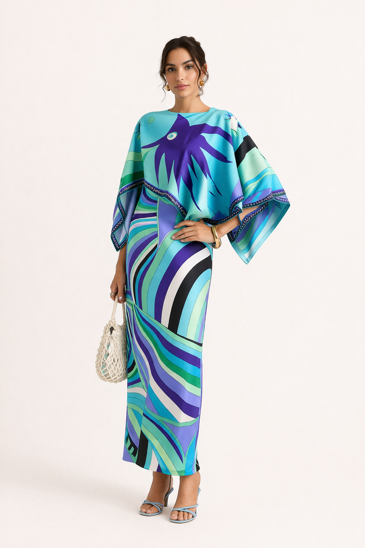 Detail van de elegante cape van de lange tweedelige damesjurk met geometrische print.