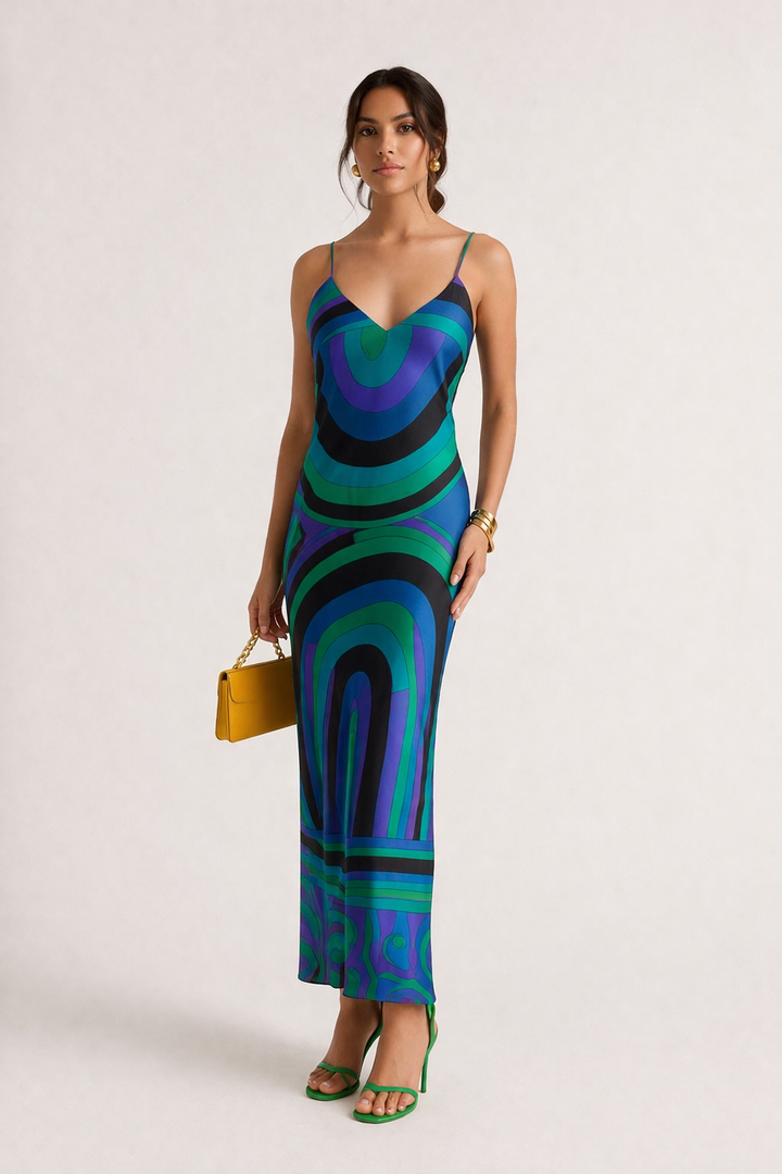 Blauwe lange damesjurk tweedelig met geometrische print, perfect voor avond- of feestgelegenheden.