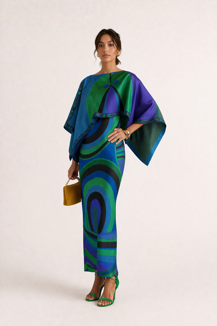 Lange tweedelige damesjurk met geometrische print, ideaal voor zomer en feestjes.