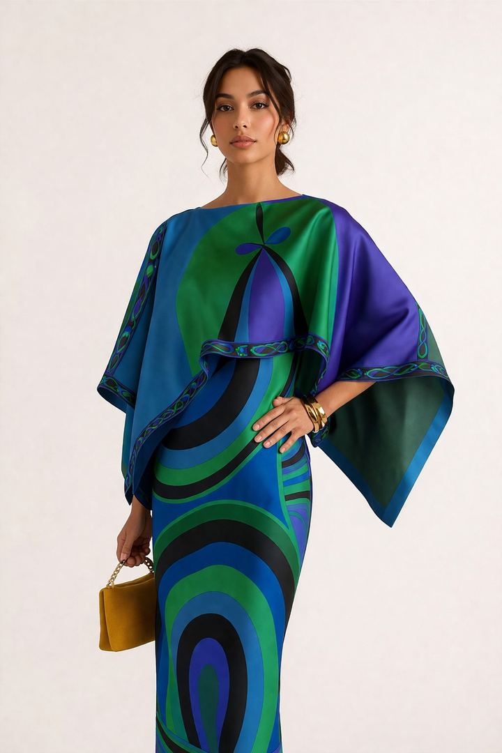 Elegante tweedelige strapless damesjurk met geometrische print en sierlijke cape.