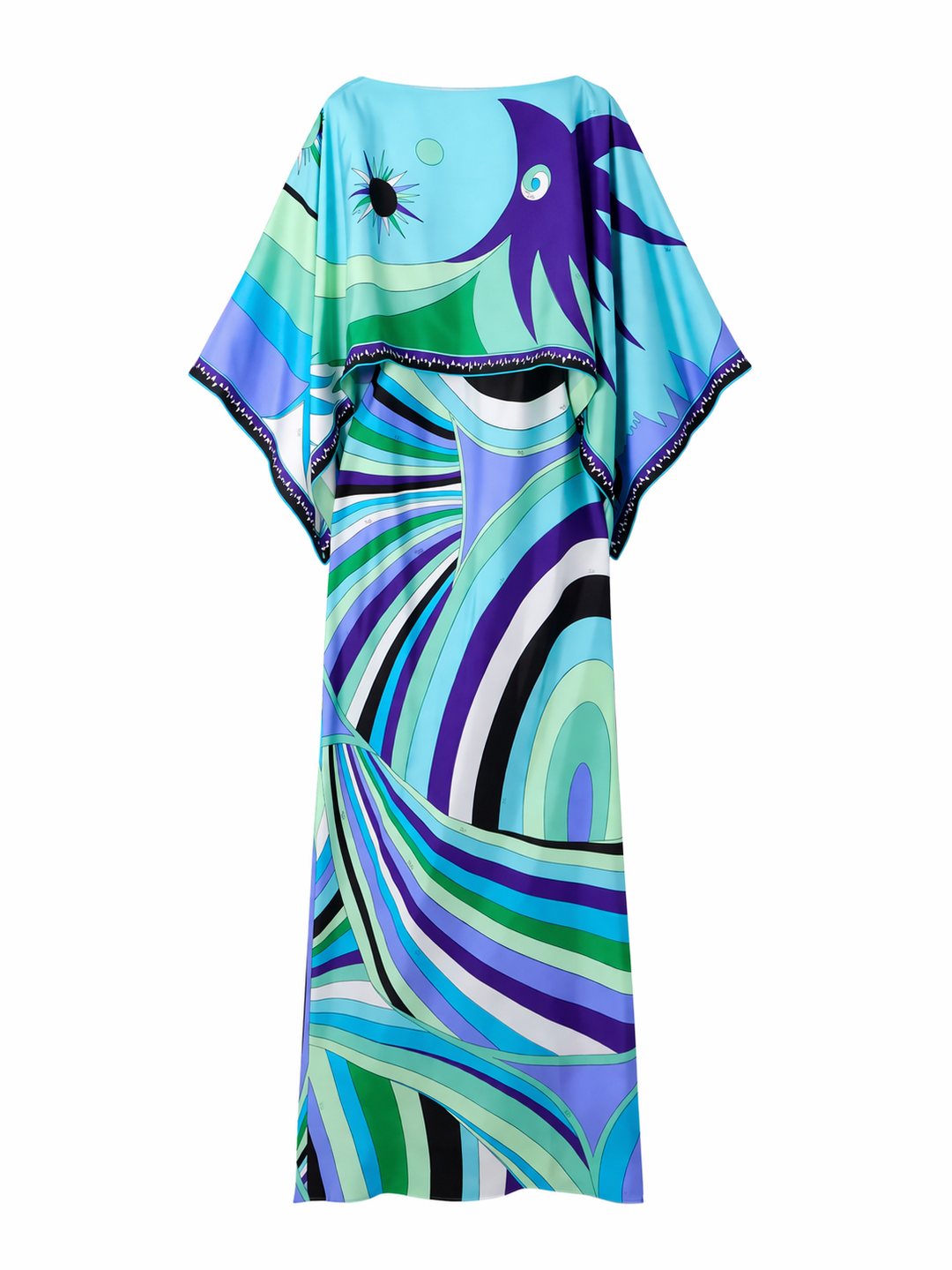 Lange dames feestjurk tweedelig met levendige geometrische print, modieus en uniek.