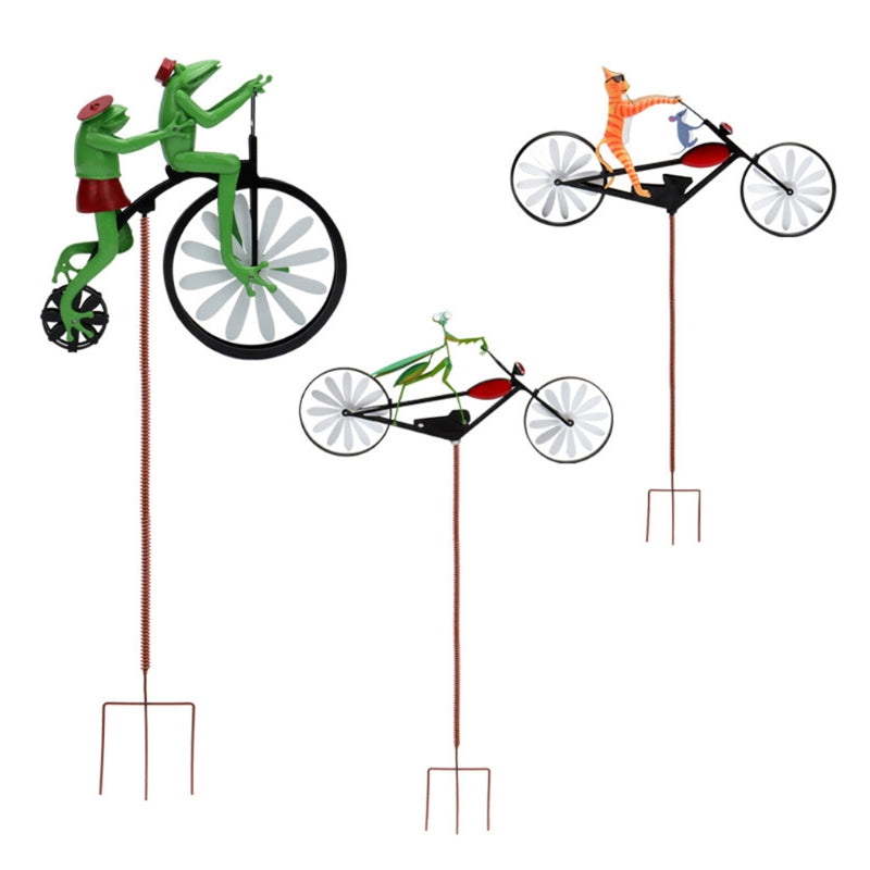 Decoratieve windmolen voor tuin met een charmant fietsend dier, een levendige tuinsteker en buitendecoratie.